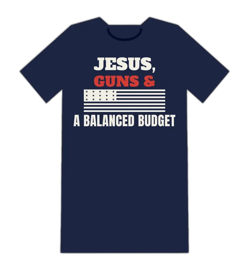 JESUS GUNS AND A BALANCED BUDGET tee mockup